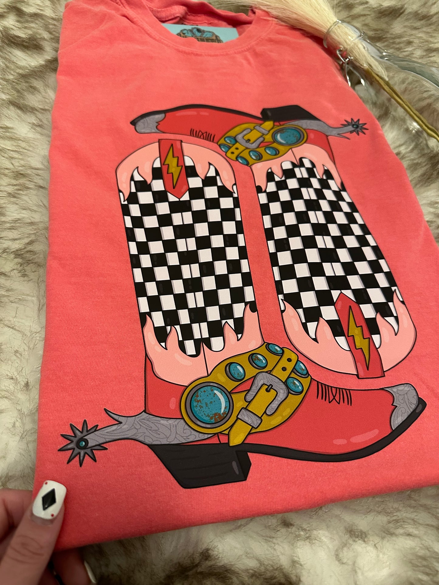 Pink Checkered Boots Tee - Comfort Colors