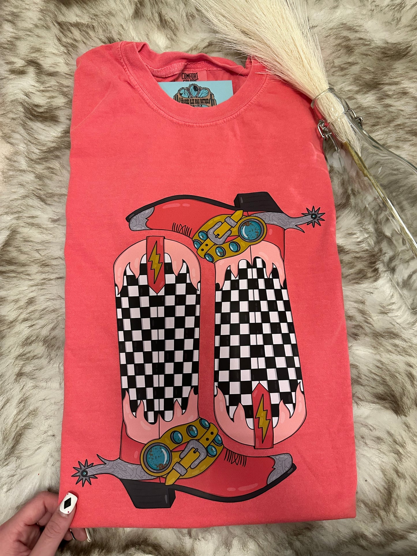 Pink Checkered Boots Tee - Comfort Colors