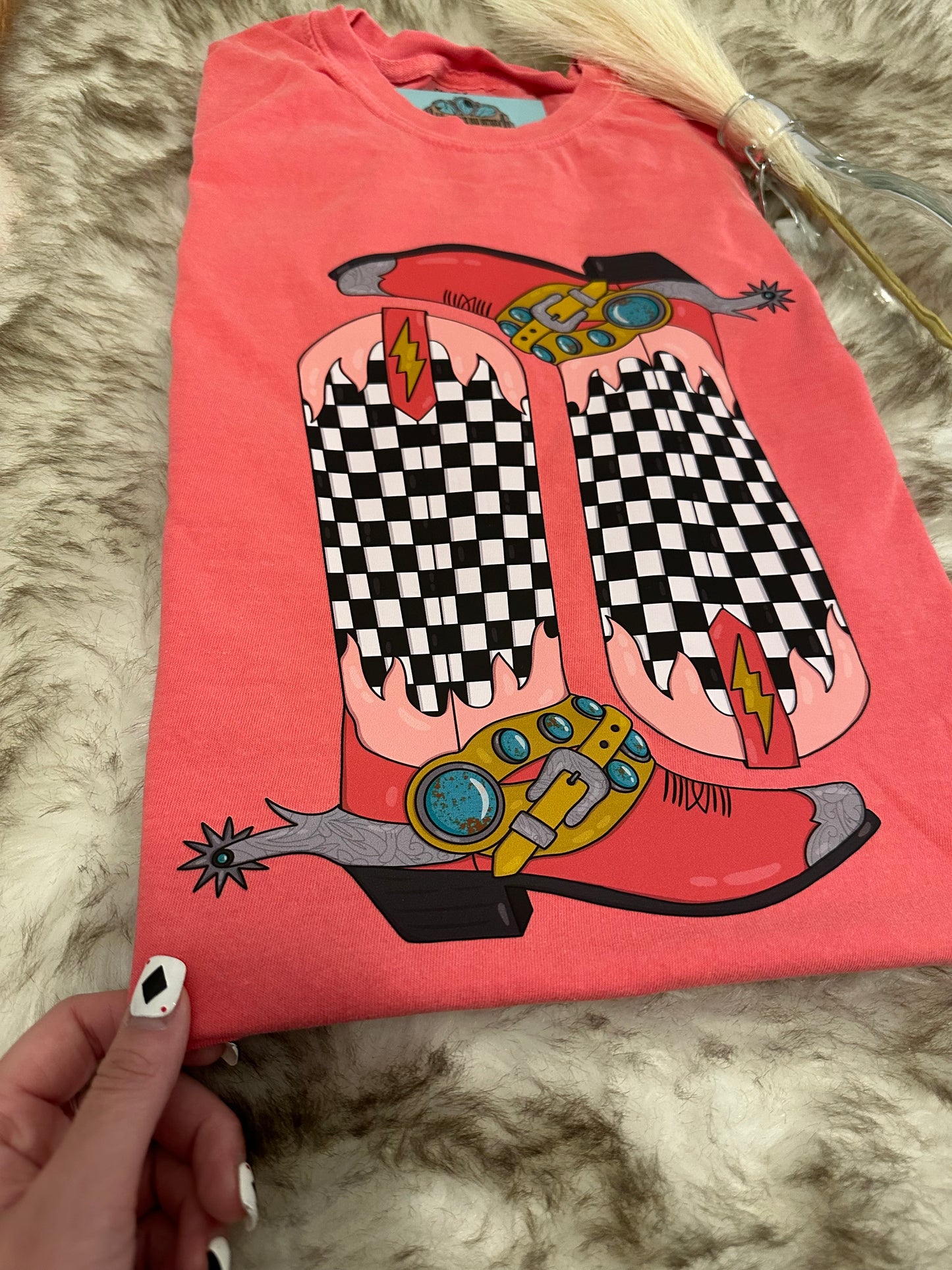 Pink Checkered Boots Tee - Comfort Colors