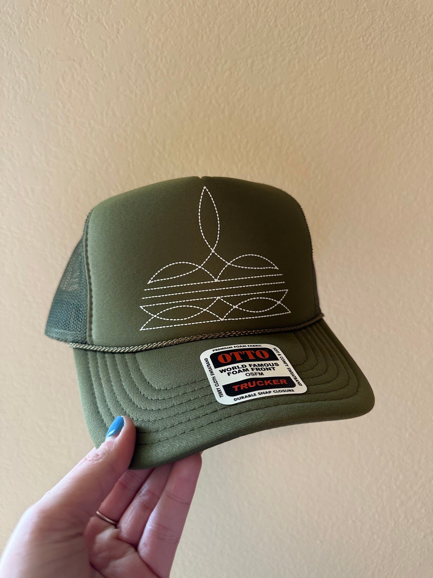 Olive Green Boot Stitch Trucker Hat - RTS