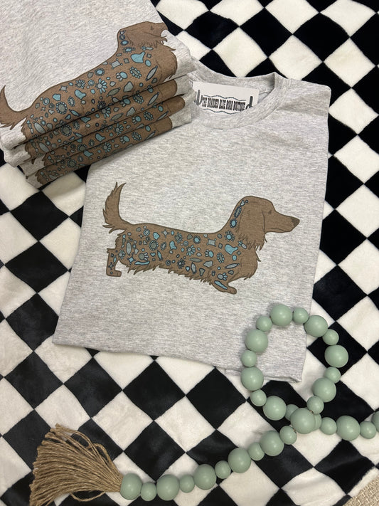 Turquoise Dachsund Western Graphic Tee