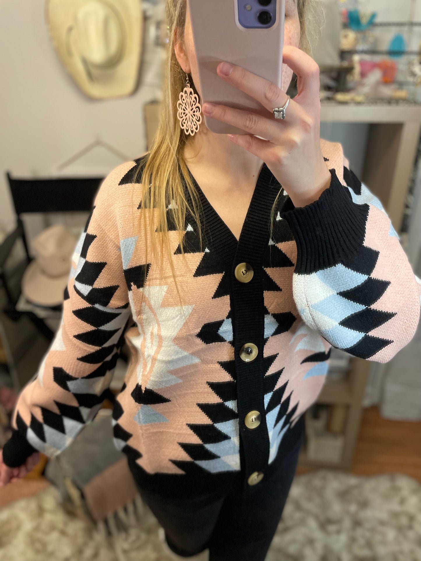 Pink Blue & Black Aztec Sweater Cardigan