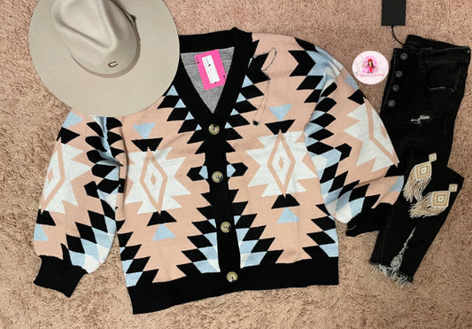 Pink Blue & Black Aztec Sweater Cardigan